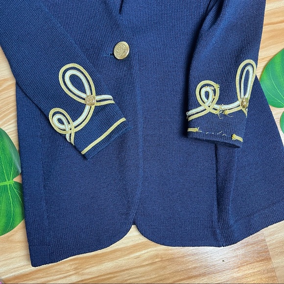 ST JOHN Vintage Signature Knit Navy Jacket with removable white collar size 2 - Picture 6 of 9